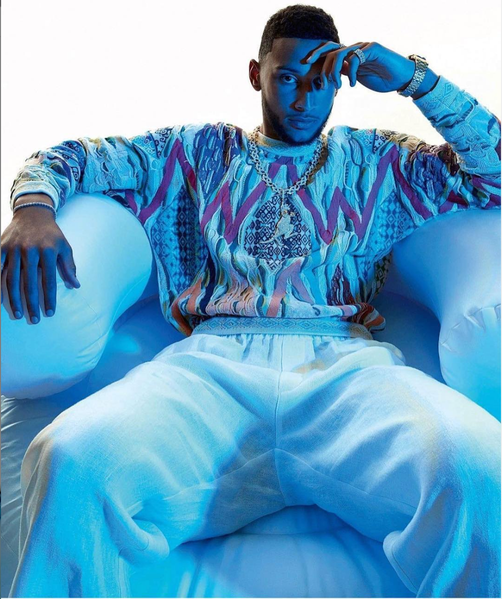 Ben Simmons for GQ Aus in Coogi Sweater from Storeroom Vintage